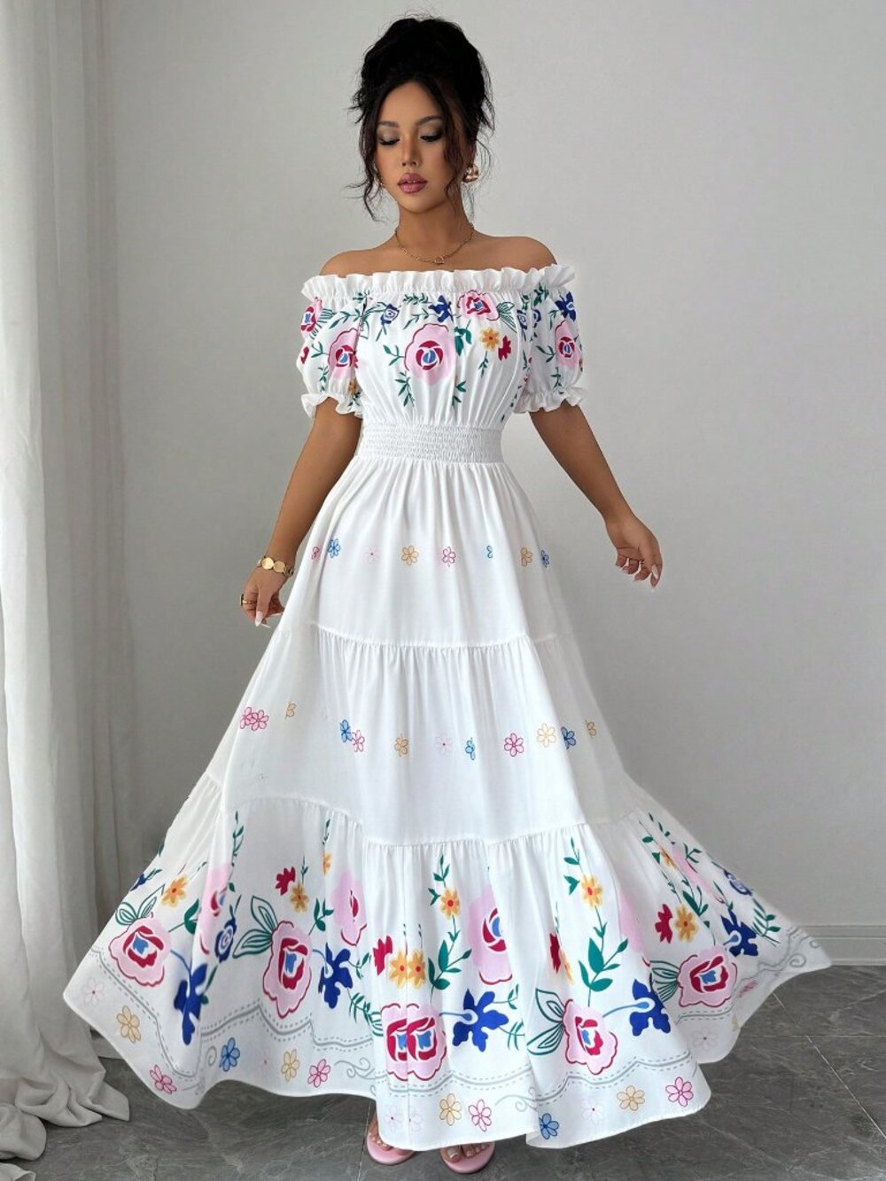 Multicolor Boho Women's off-Shoulder Puff Sleeve Floral Print Maxi Dress - Picture 7 of 7